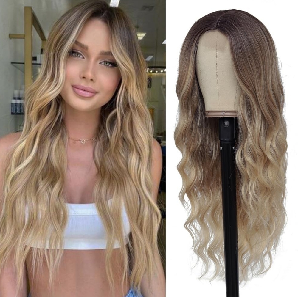 Long Ombre Blonde Wigs for Women 26 inch Long Wavy Middle Part Wig Ombre Blonde